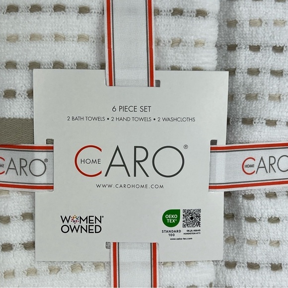Caro Home Bath Towel Set Tan White 2 Bath 2 Hand 2 Wash 100% Cotton Soft 6pc NEW - Picture 2 of 5